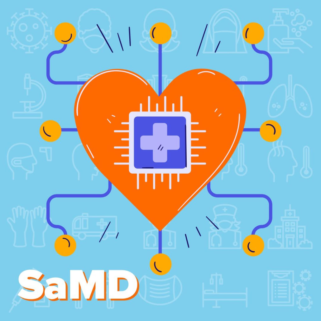 This image shows a heart with a medical symbol in the center of what looks like a computer chip, which portrays the idea of Software as a Medical Device (SaMD.)