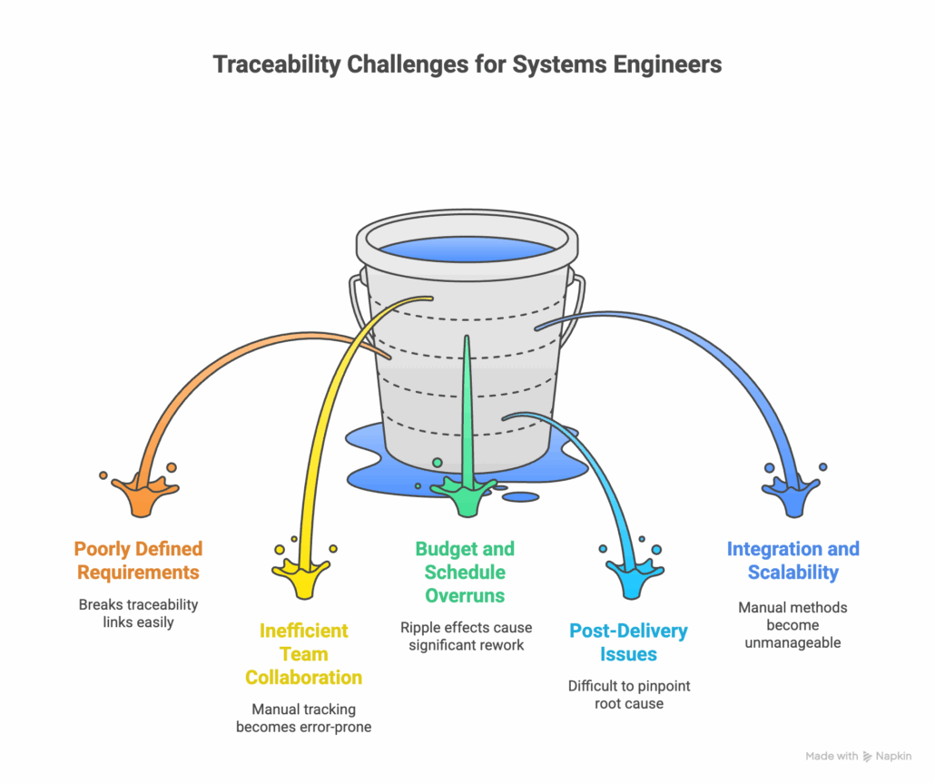 Why is Achieving Traceability a Challenge for Systems Engineers? This image of a bucket leaking water lists out those challenges.