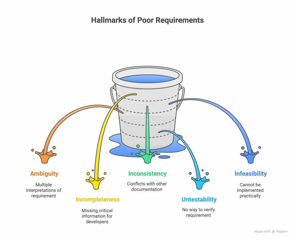Hallmarks of poor requirements: ambiguity, incompleteness, inconsistency, untestability, and infeasibility.
