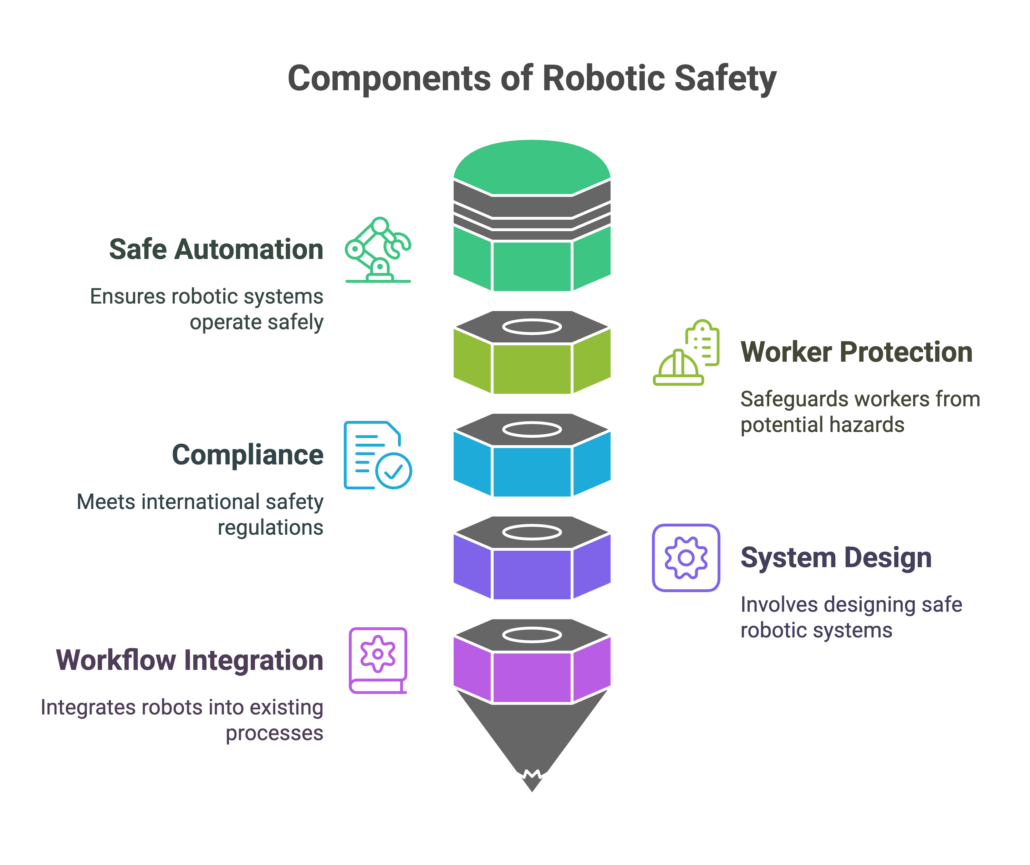 A diagram of a pencil which visually shows the elements that make up robotic safety: safe automation, compliance, workflow integration, worker protection, and system design - all elements which make up IEC 10218.