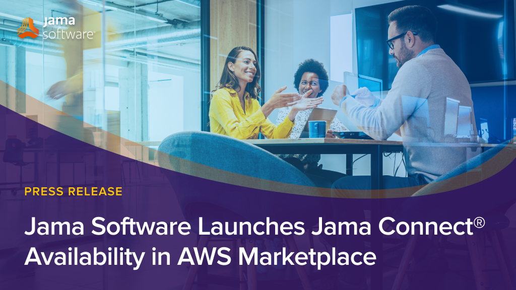 Colleagues in a sleek, modern office, alongside text announcing Jama Connect's availability in AWS marketplace.