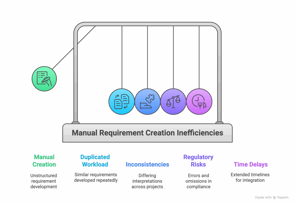 Colorful drawing of a Newton's Cradle, each ball showing a manual requirements creation process.