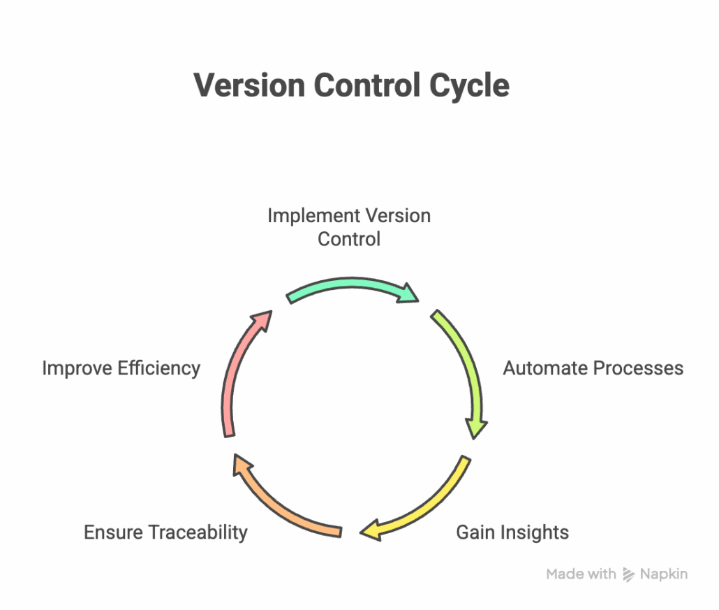 Circular flow chart showing the version control cycle; implement version control, automate processes, gain insights, ensure traceability, and improve efficiency.